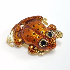 Vintage Rusty Orange Enamel Frog Brooch, Gold Tone, 1980s, 1 3/4 Inches